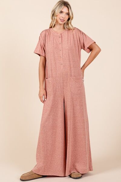Mittoshop Button Detail Jumpsuit - Short Sleeve Wide Leg Jumpsuit