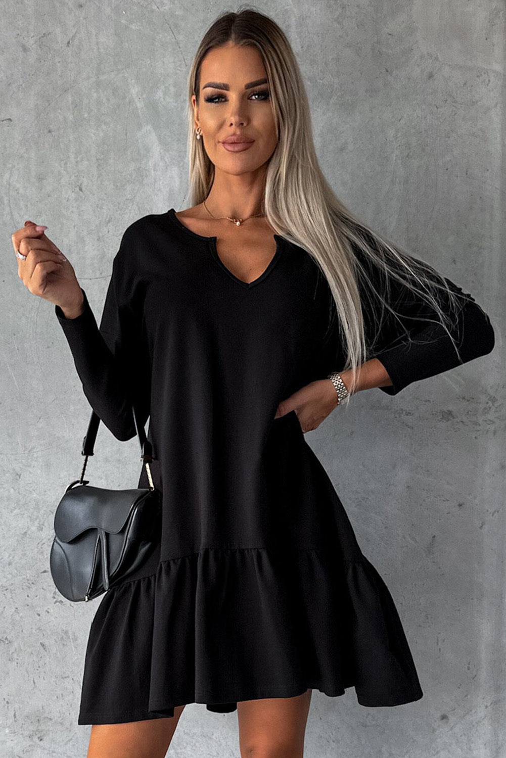 Black Split Neck Long Sleeve Ruffled Loose Dress
