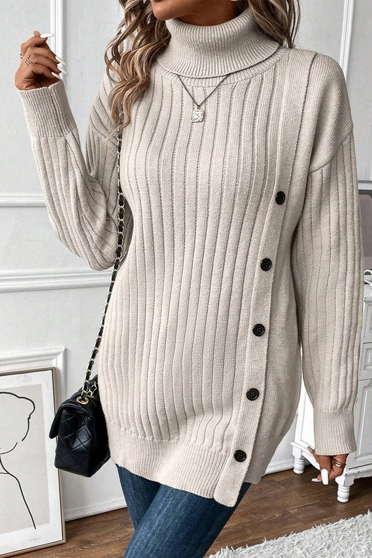 Turtle Neck Button Down Decor Pullover Sweater