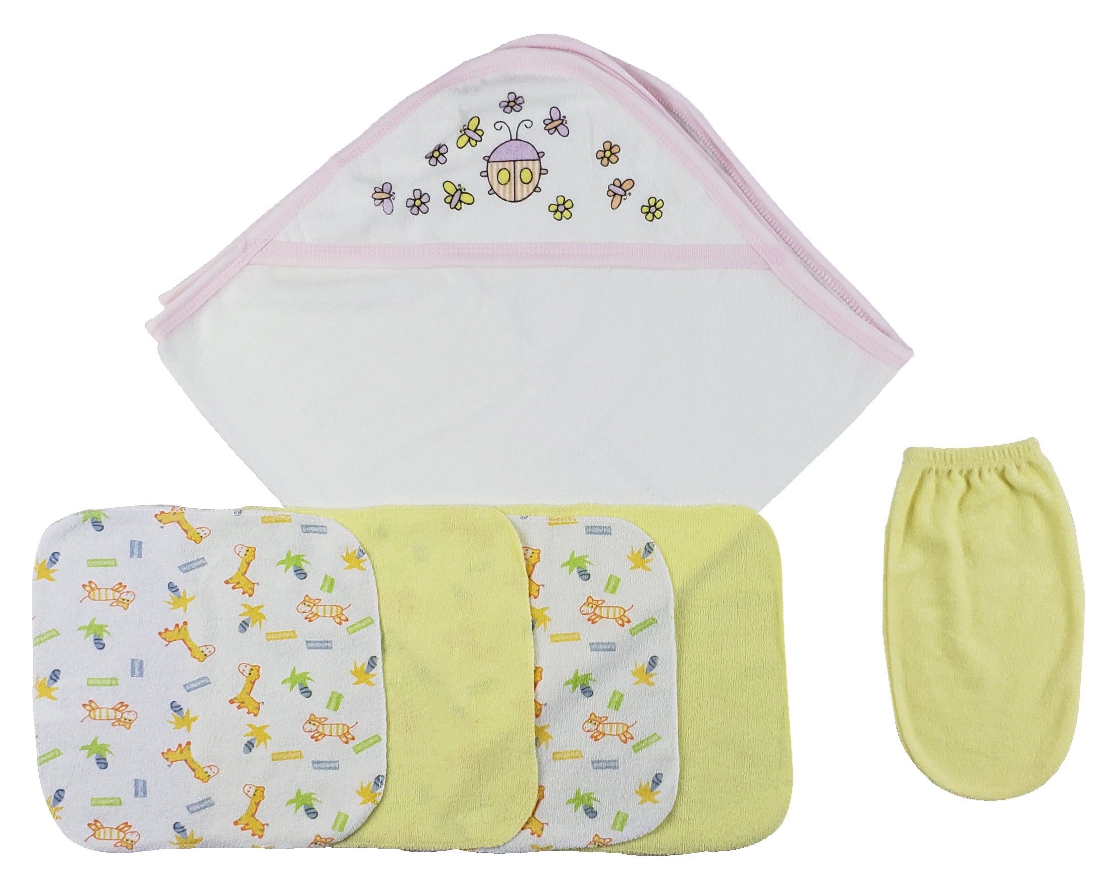 Pink Hooded Towel, Washcloths and Hand Washcloth Mitt - 6 Pc Set