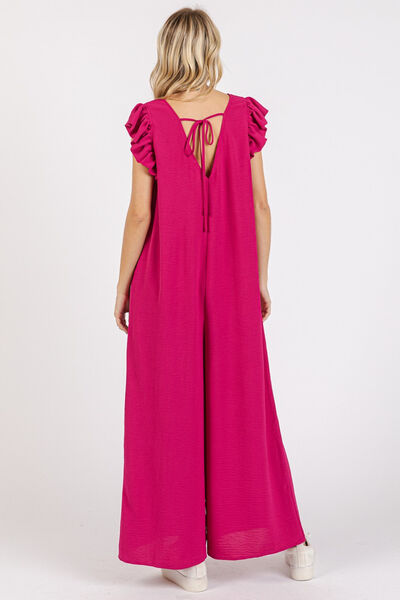 Mittoshop V-Neck Ruffled Cap Sleeve Jumpsuit - Wide Leg Design