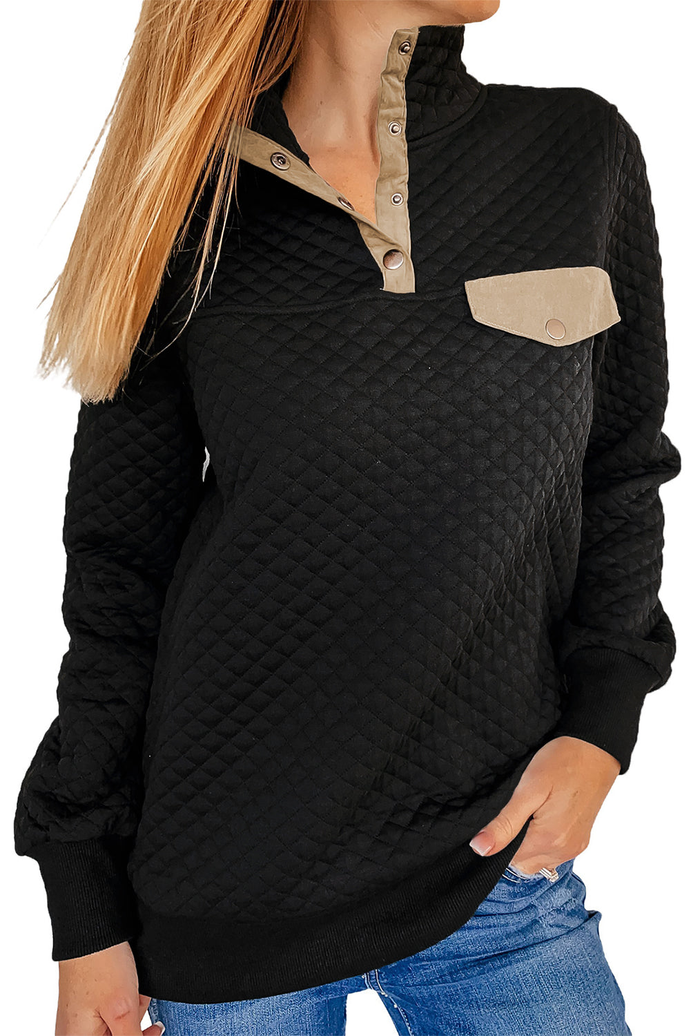 Gray Quilted Snaps Stand Neck Pullover Sweatshirt with Fake Front Pock