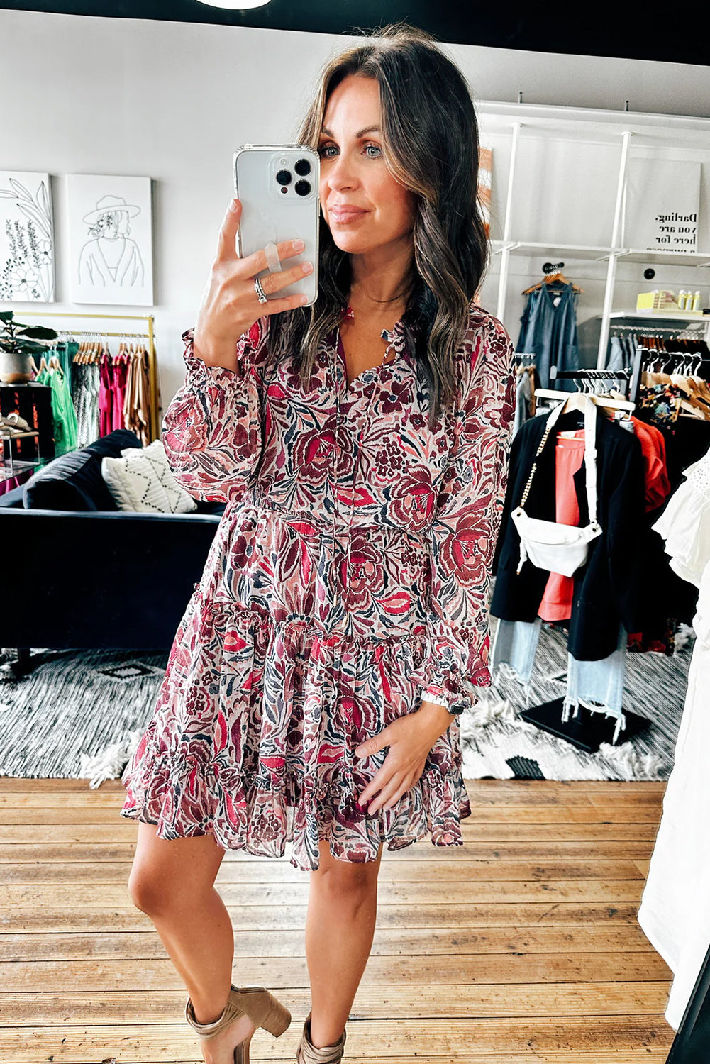 Pitaya Pink Floral Print Ruffle Tiered Puff Sleeve Mini Dress