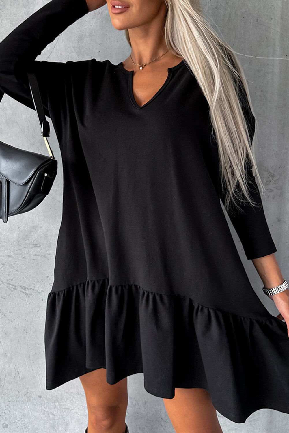 Black Split Neck Long Sleeve Ruffled Loose Dress