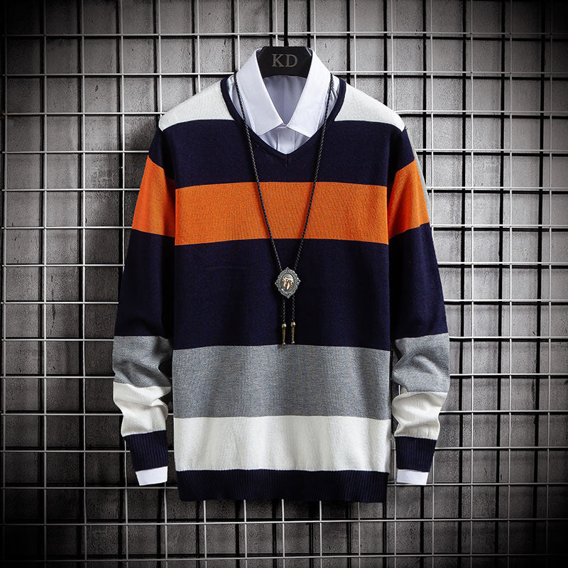 New Thin Color-Blocking Round Neck Men's Casual Sweater