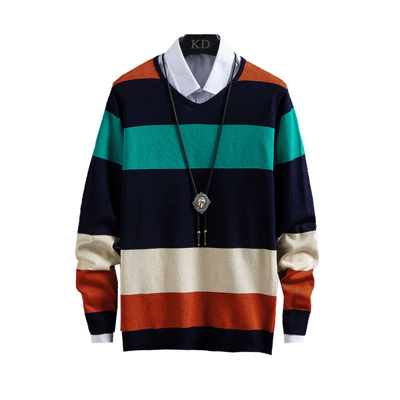 New Thin Color-Blocking Round Neck Men's Casual Sweater