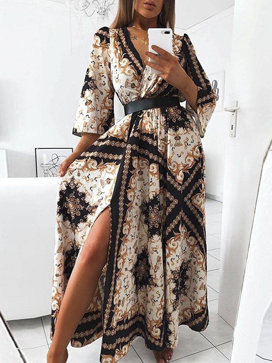 Long sleeve print sexy long maxi bodycon dress