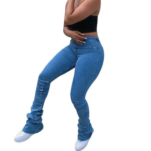 Ruched Denim Blue High Waist Stacked Pants Autumn 2020 Women Clothing