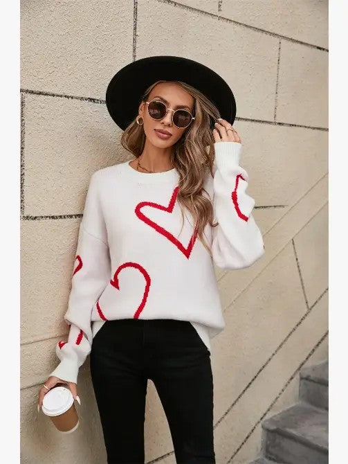 White and Red Heart sweater