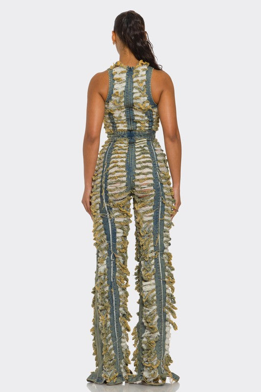 Raw Edge Frayed Denim Jumpsuit