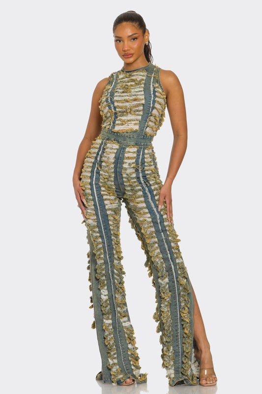 Raw Edge Frayed Denim Jumpsuit