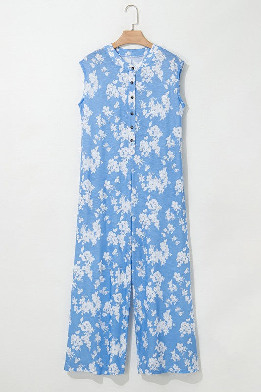 Floral Print Wide Leg Relaxed Sleeveless Jumpsuit