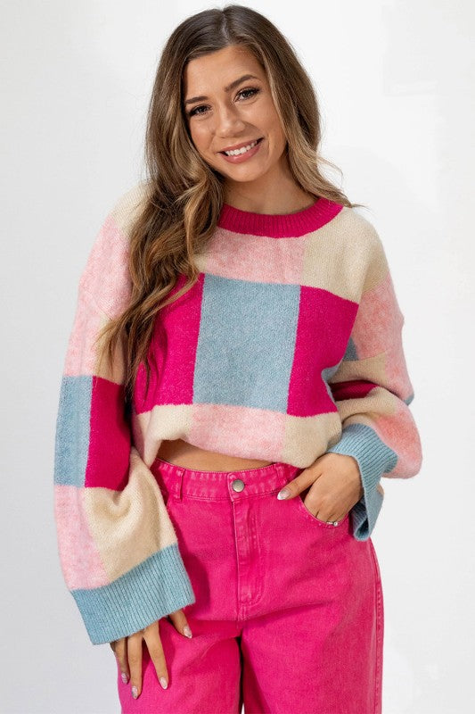 rose pink color block cropped sweater