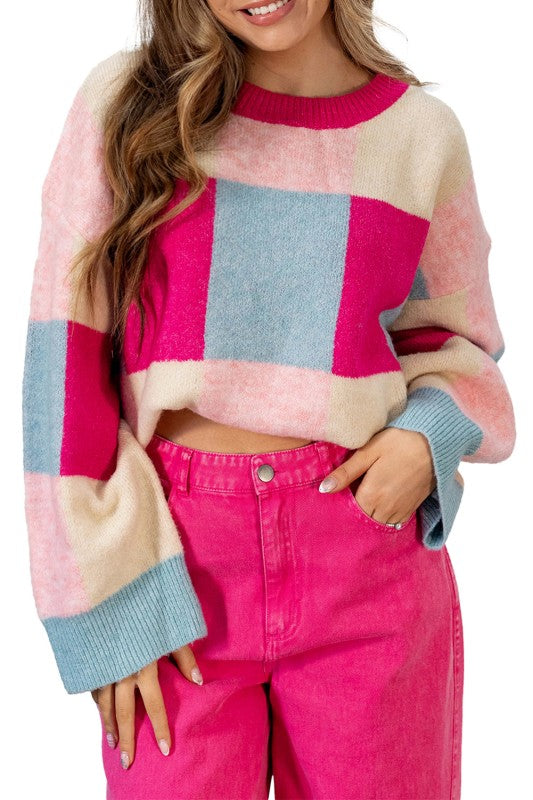 rose pink color block cropped sweater