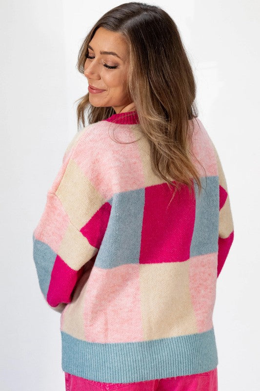 rose pink color block cropped sweater