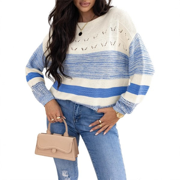 Light Blue Open Stitch Puff Sleeve Sweater