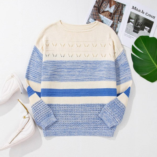 Light Blue Open Stitch Puff Sleeve Sweater