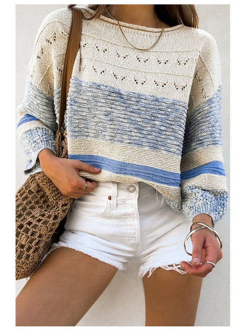 Light Blue Open Stitch Puff Sleeve Sweater