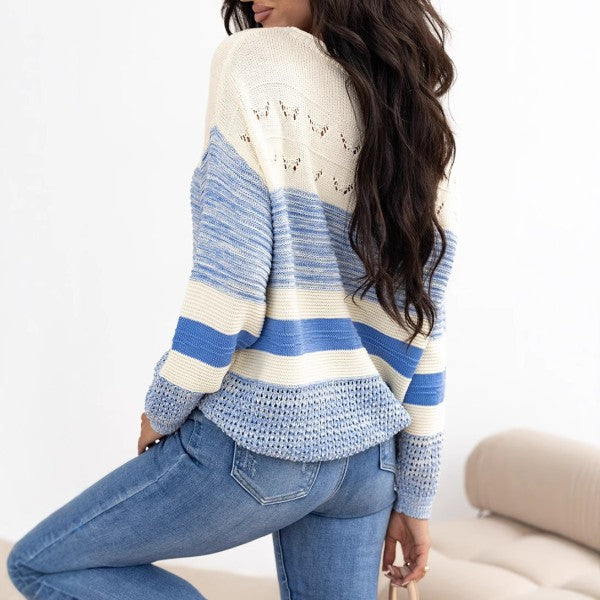 Light Blue Open Stitch Puff Sleeve Sweater