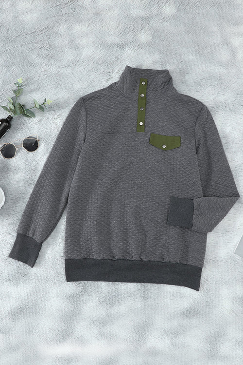 Gray Quilted Snaps Stand Neck Pullover Sweatshirt with Fake Front Pock