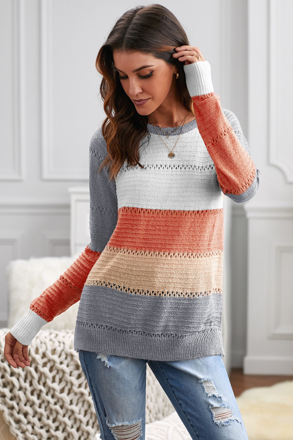 Gray Accent Knitted Color Block Long Sleeve Crew Neck Sweater