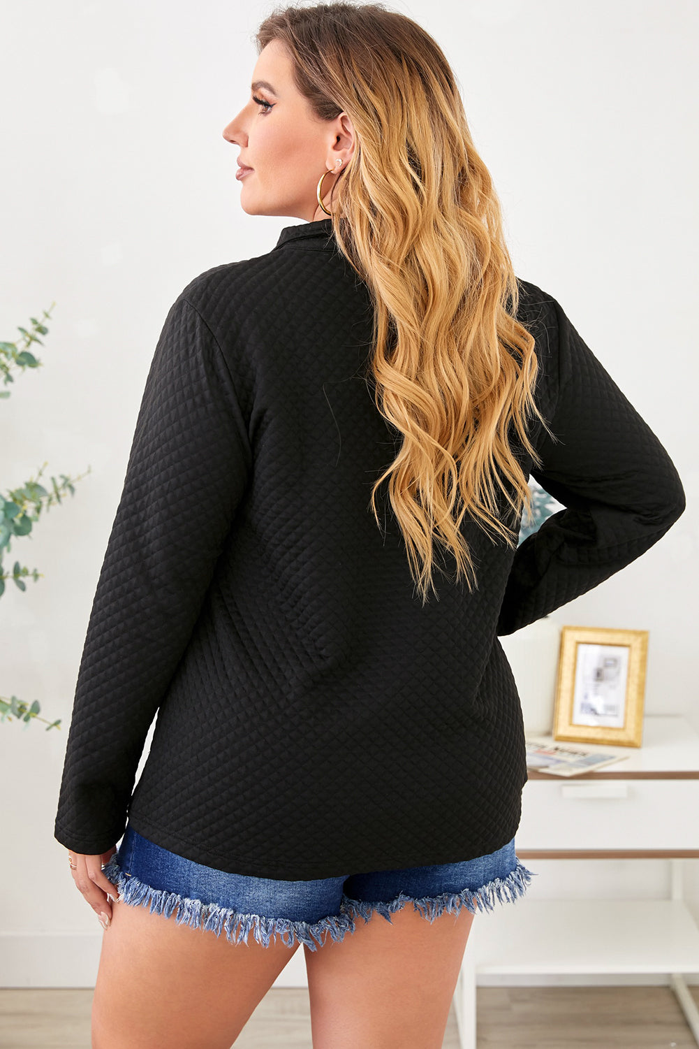Black Plus Size Quilted Button Up Henley Sweatshirt