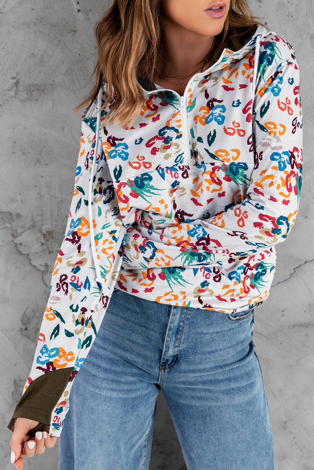 Leopard Print Zipper Collar Hoodie with Kangaroo Pocket