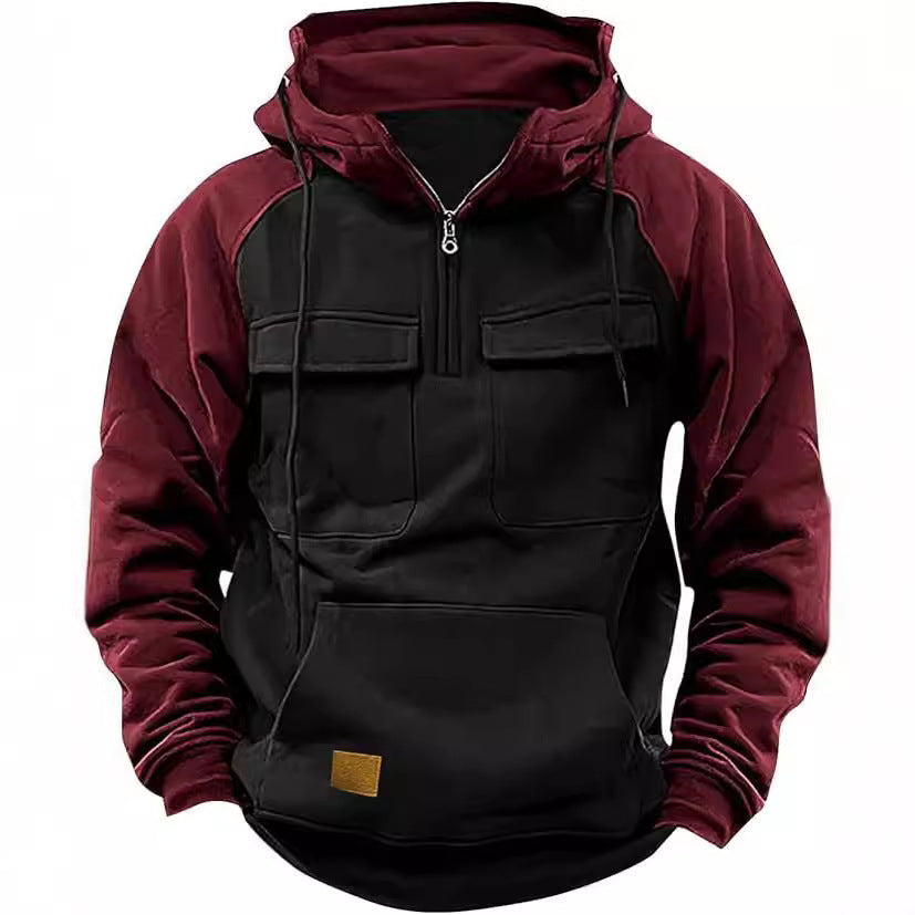Men's Contrast Color Workwear Hoodie – Fall/Winter Streetwear Style