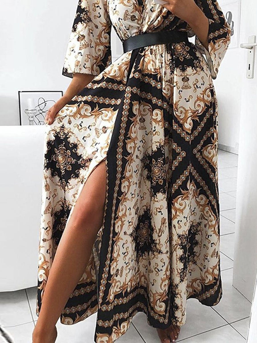 Long sleeve print sexy long maxi bodycon dress
