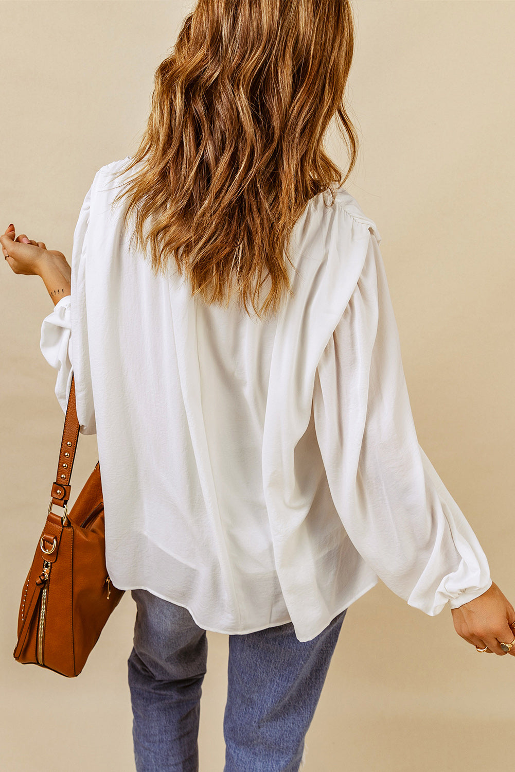 White Crew Neck Billowy Sleeve Blouse
