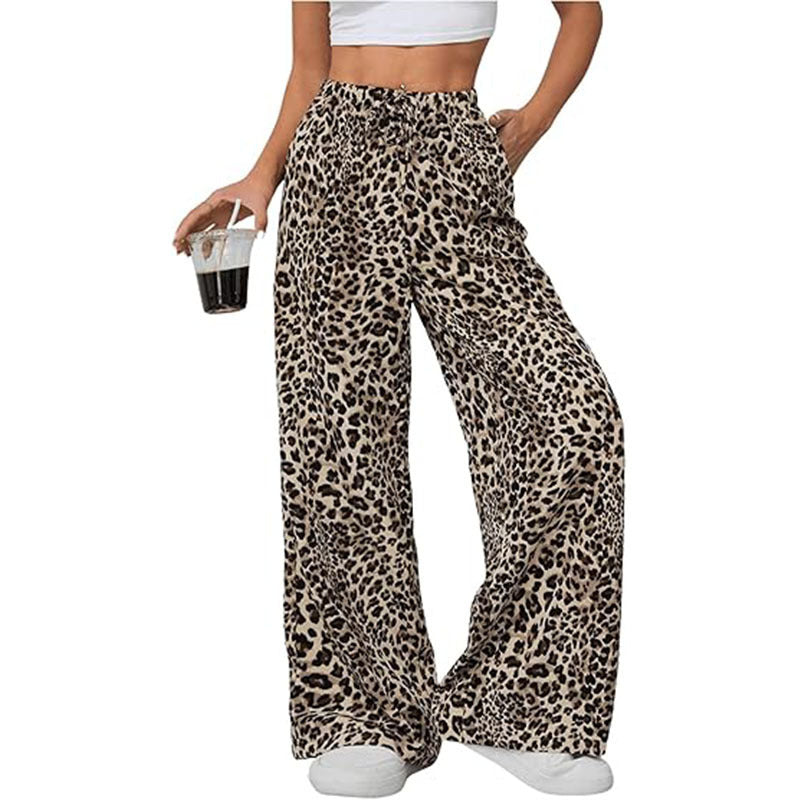Women's Casual Leopard Print High Waisted Wide-Leg Pants Elegant
