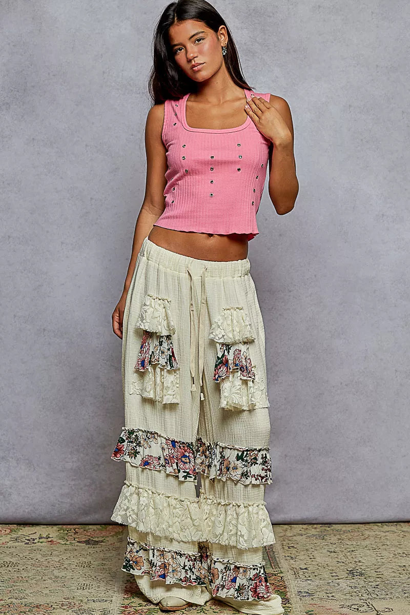 POL Drawstring Double Gauze Wide Leg Pants with Print and Lace Ruffle