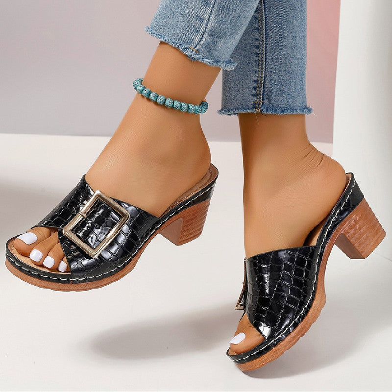 Fashion Crocodile-textured Buckle Sandals Square Chunky Heel Peep-toe