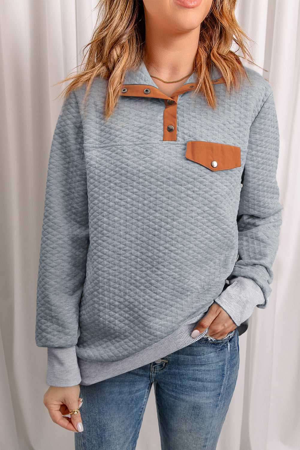 Gray Quilted Snaps Stand Neck Pullover Sweatshirt with Fake Front Pock