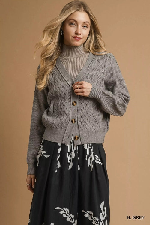 Umgee Chunky Cable Knit V-Neck Button-Up Cardigan