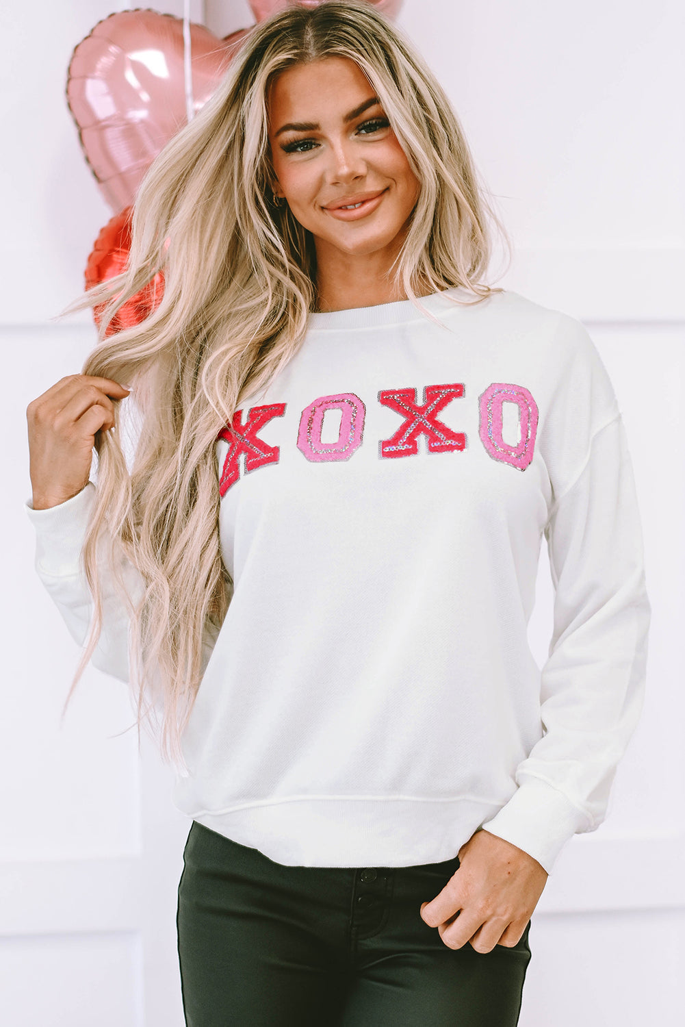 Beige Shiny XOXO Valentine Pullover Sweatshirt