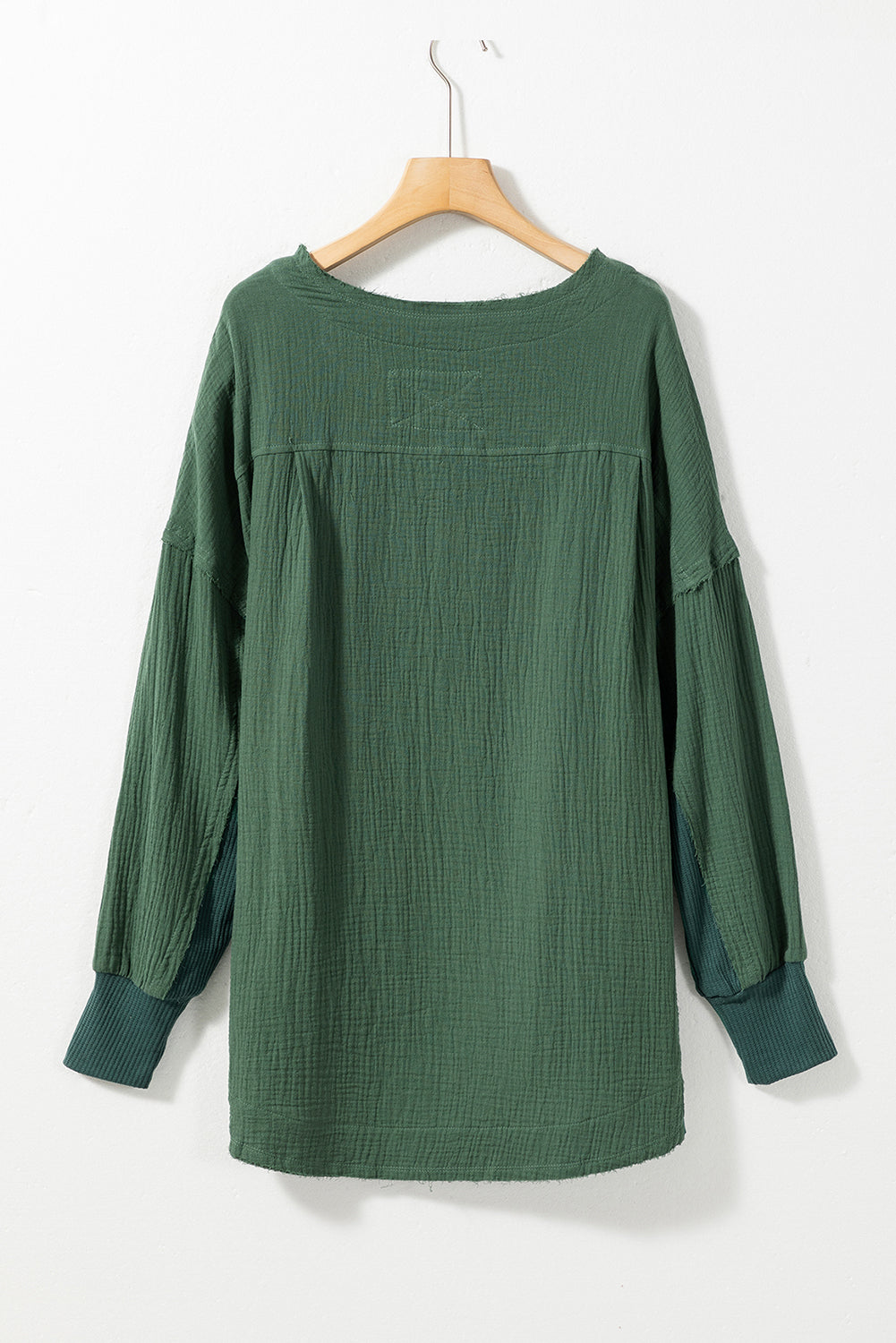 Green Textured Waffle Knit Patchwork Buttoned Neck Loose Blouse