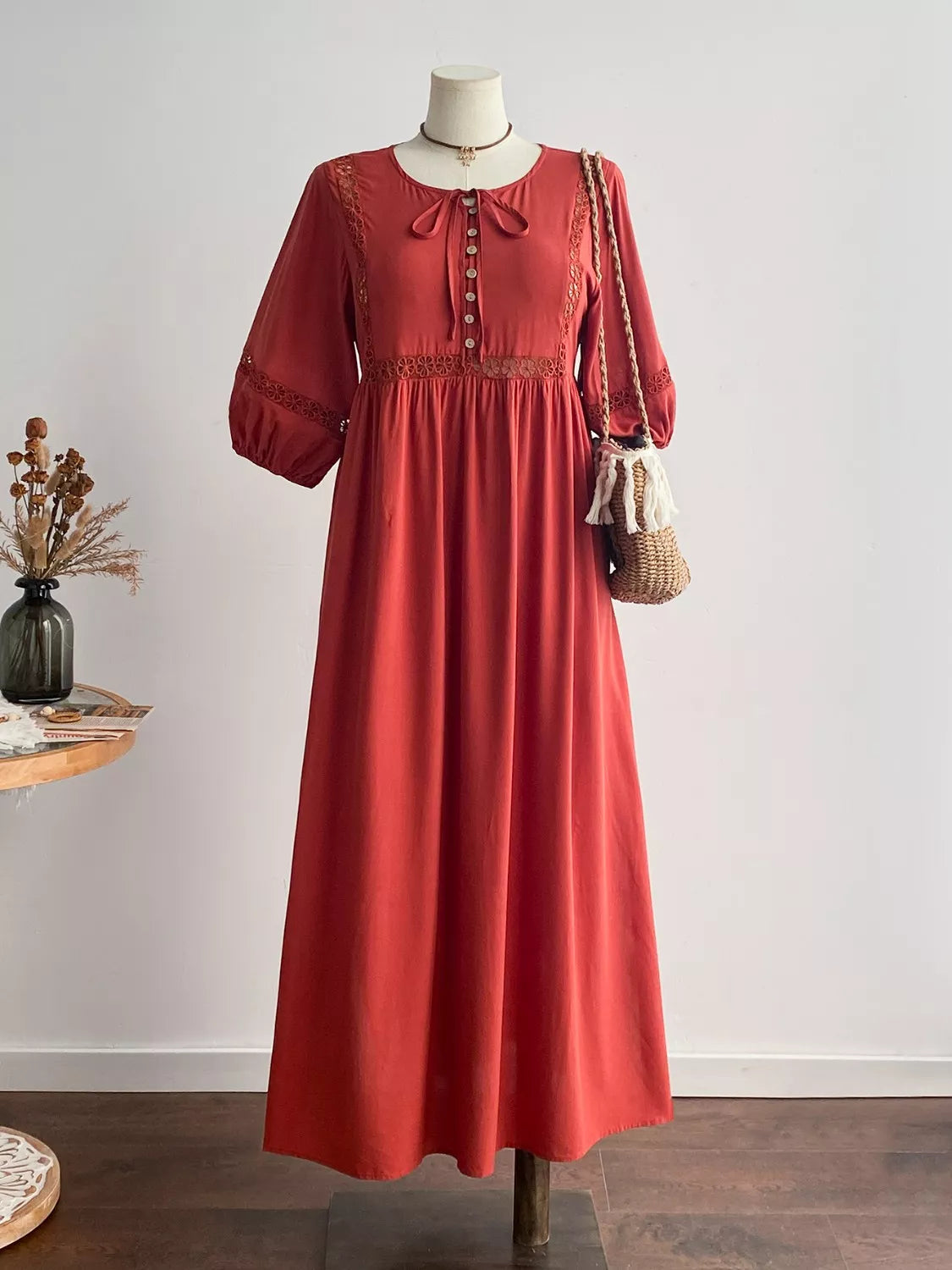 Plus Size Tie Neck Puff Sleeve Midi Dress with Lace Trim