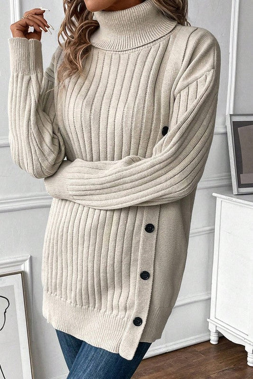 Turtle Neck Button Down Decor Pullover Sweater
