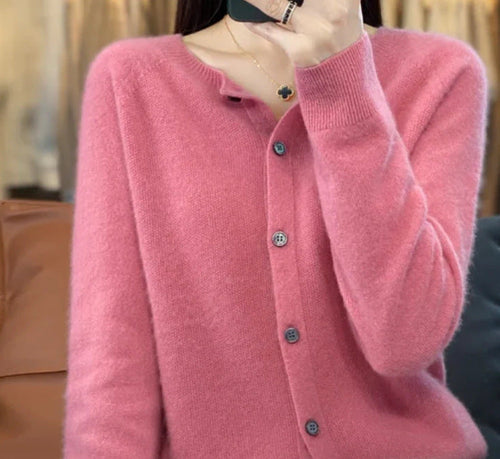 Fashion Merino Wool Cardigan Sweater Women O-Neck Long-sleeve Cashmere
