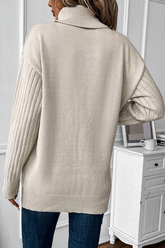 Turtle Neck Button Down Decor Pullover Sweater