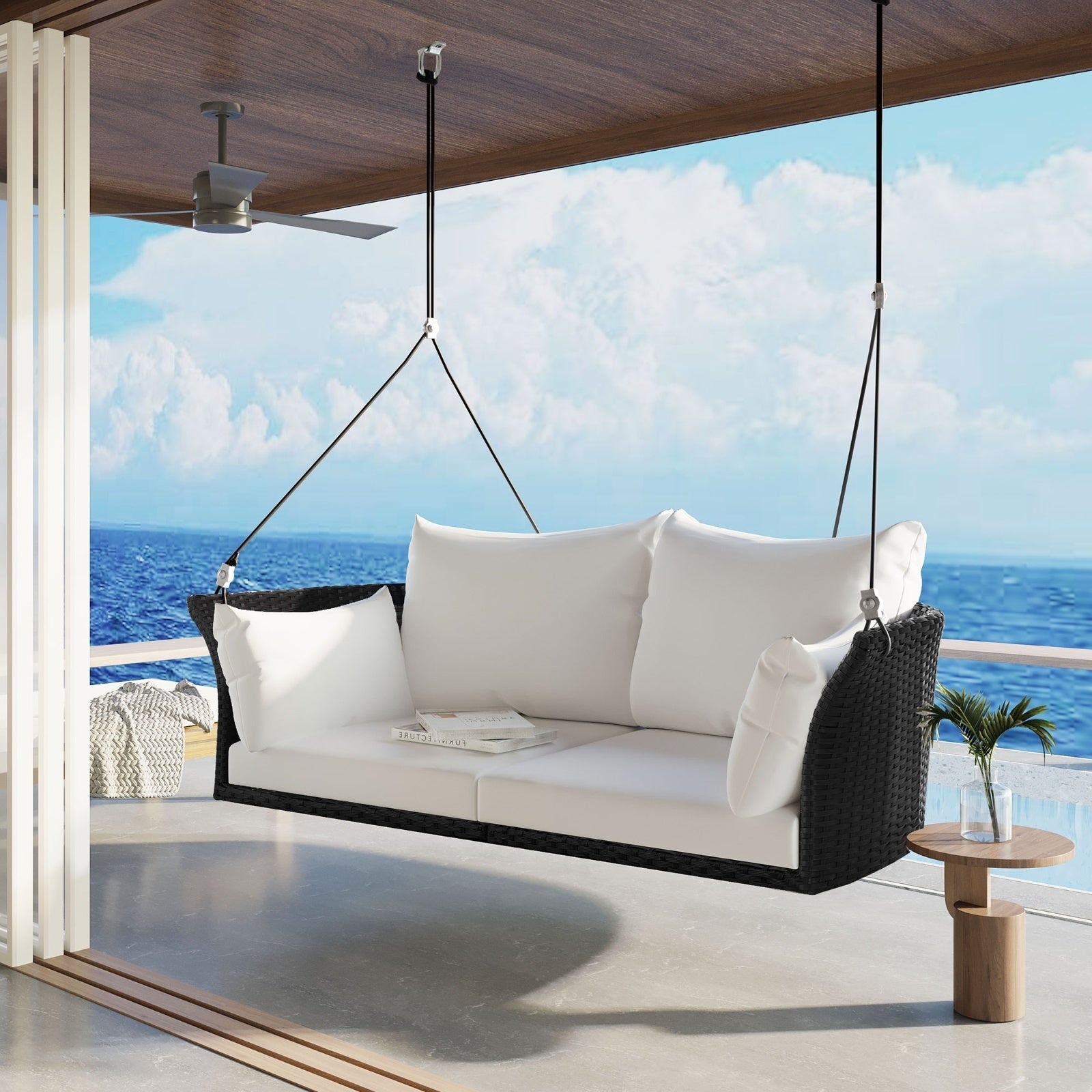 LuneluX_Home – Hanging Rattan Porch Swing for 2 (Black Wicker + White
