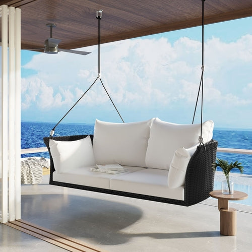 LuneluX_Home – Hanging Rattan Porch Swing for 2 (Black Wicker + White