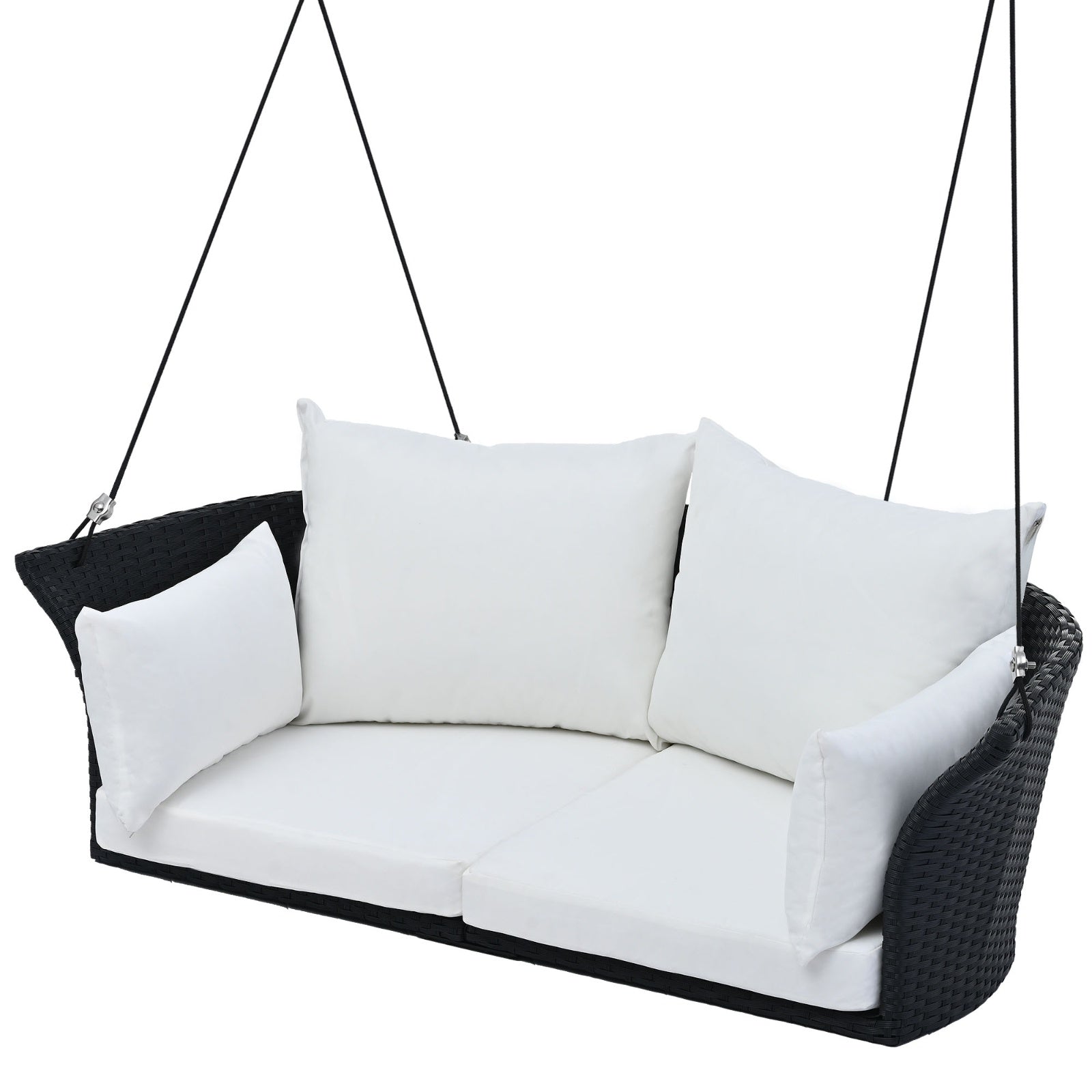 LuneluX_Home – Hanging Rattan Porch Swing for 2 (Black Wicker + White