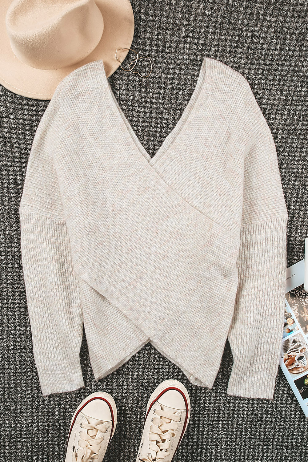 Apricot Criss Cross Wrap Plunging Neck Sweater