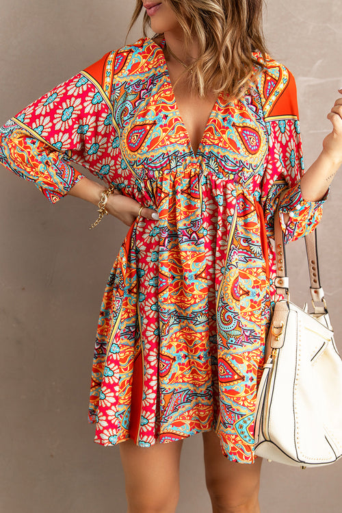 Multicolour V Neck 3/4 Sleeve Bohemian Vintage Print Mini Dress