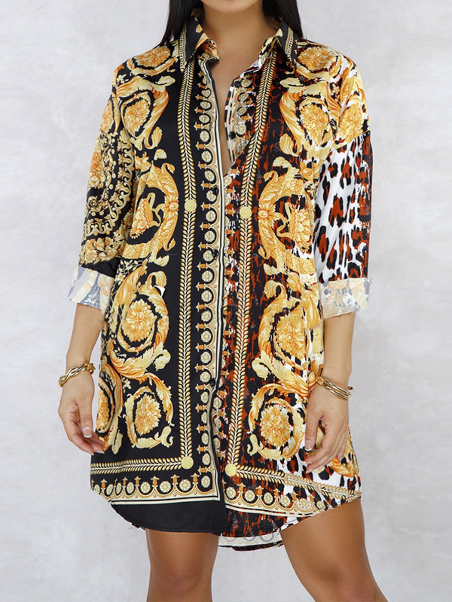 Glod leopard paisley patchwork shirt dress Women