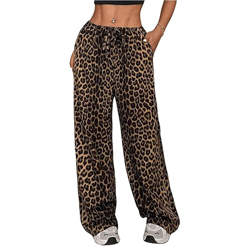 Women's Casual Leopard Print High Waisted Wide-Leg Pants Elegant