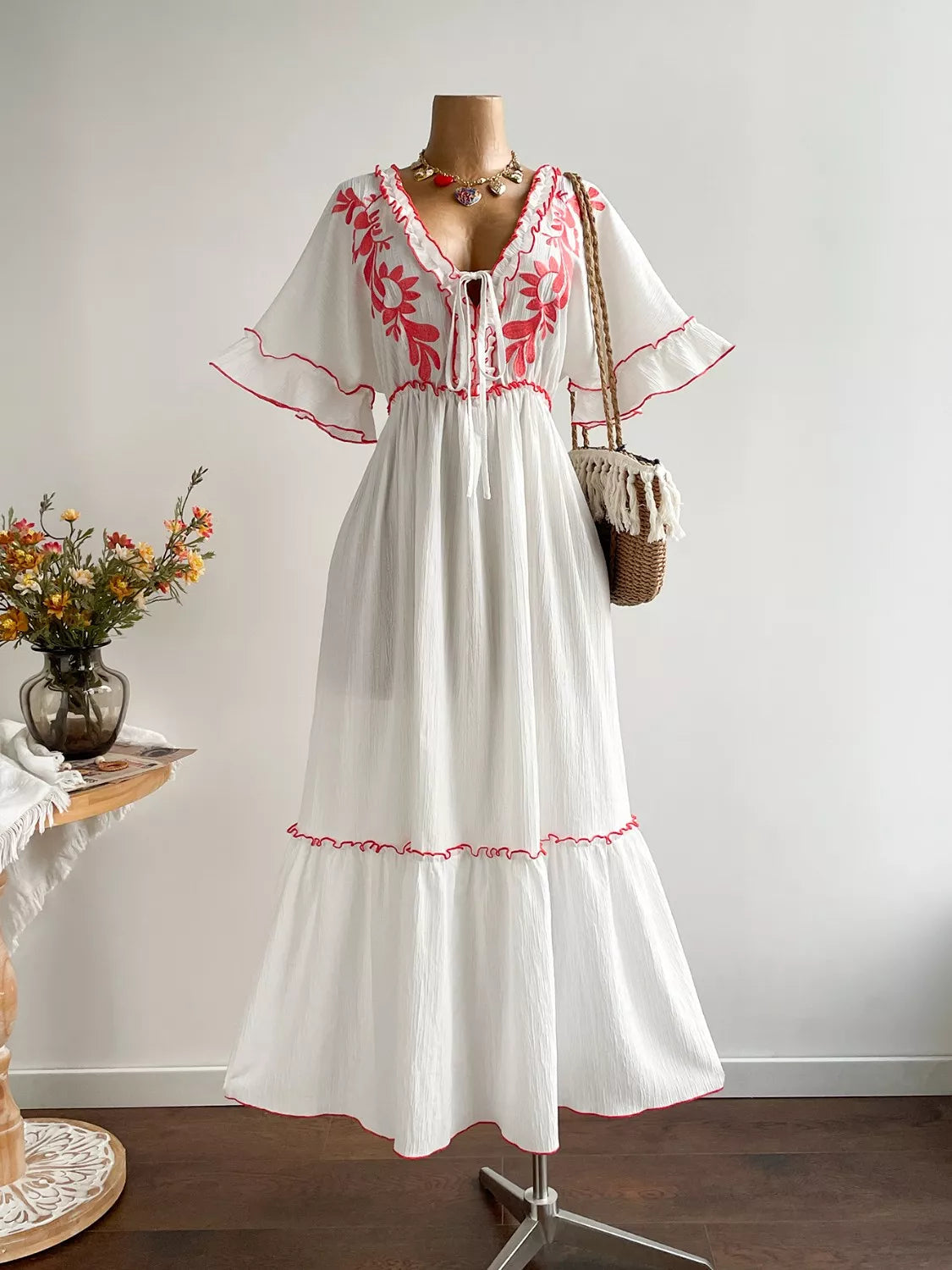 Plus Size Front Tie Maxi Dress with Floral Embroidered