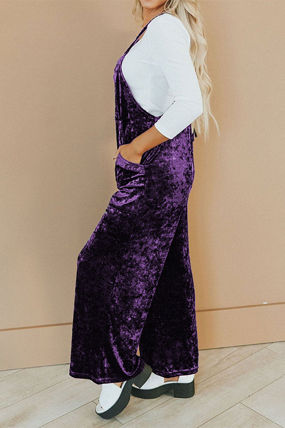 Tillandsia Purple Vintage Thin Straps Side Pockets Velvet Overall